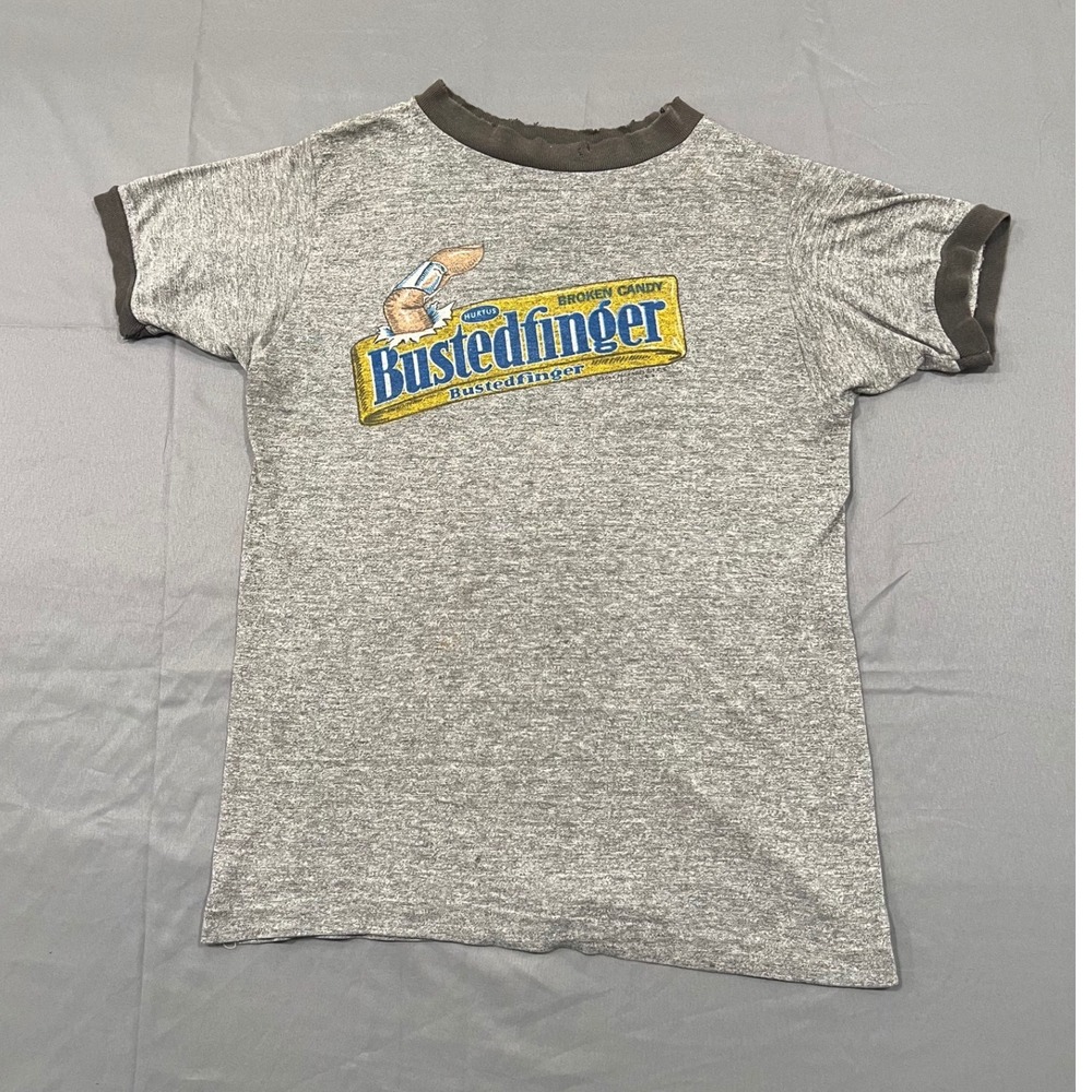 Vintage 70s Wacky Packages Bustedfinger Ringer Shirt Gray Distressed Thin Tee